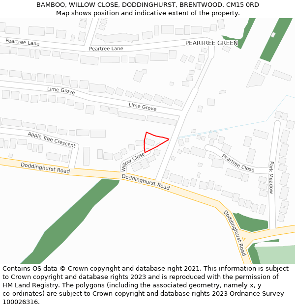 BAMBOO, WILLOW CLOSE, DODDINGHURST, BRENTWOOD, CM15 0RD: Location map and indicative extent of plot