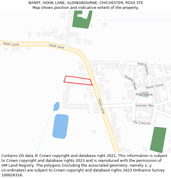 BANFF, HOOK LANE, ALDINGBOURNE, CHICHESTER, PO20 3TE: Location map and indicative extent of plot