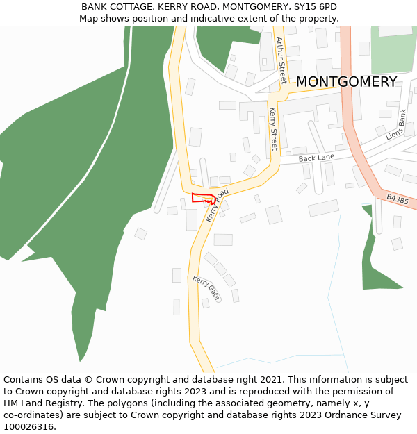 BANK COTTAGE, KERRY ROAD, MONTGOMERY, SY15 6PD: Location map and indicative extent of plot