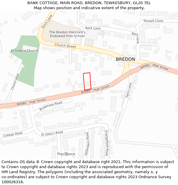 BANK COTTAGE, MAIN ROAD, BREDON, TEWKESBURY, GL20 7EL: Location map and indicative extent of plot