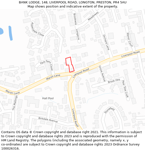 BANK LODGE, 148, LIVERPOOL ROAD, LONGTON, PRESTON, PR4 5AU: Location map and indicative extent of plot