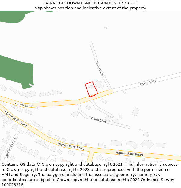 BANK TOP, DOWN LANE, BRAUNTON, EX33 2LE: Location map and indicative extent of plot