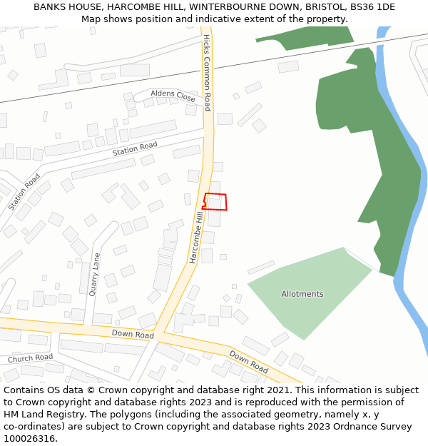 BANKS HOUSE, HARCOMBE HILL, WINTERBOURNE DOWN, BRISTOL, BS36 1DE: Location map and indicative extent of plot