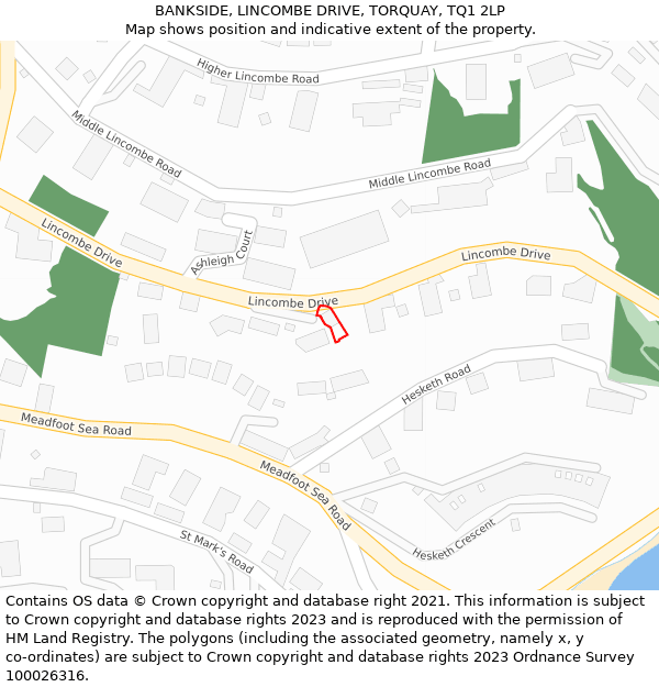 BANKSIDE, LINCOMBE DRIVE, TORQUAY, TQ1 2LP: Location map and indicative extent of plot