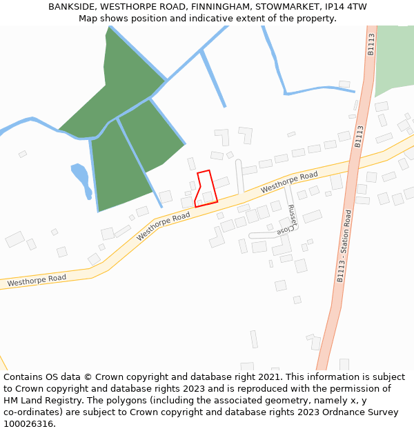 BANKSIDE, WESTHORPE ROAD, FINNINGHAM, STOWMARKET, IP14 4TW: Location map and indicative extent of plot