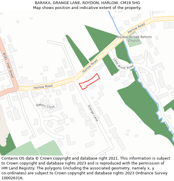 BARAKA, GRANGE LANE, ROYDON, HARLOW, CM19 5HG: Location map and indicative extent of plot