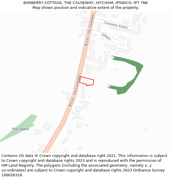 BARBERRY COTTAGE, THE CAUSEWAY, HITCHAM, IPSWICH, IP7 7NE: Location map and indicative extent of plot