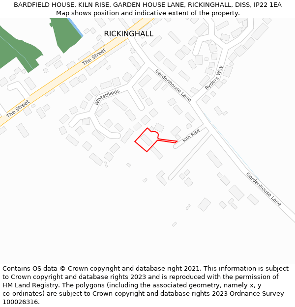 BARDFIELD HOUSE, KILN RISE, GARDEN HOUSE LANE, RICKINGHALL, DISS, IP22 1EA: Location map and indicative extent of plot