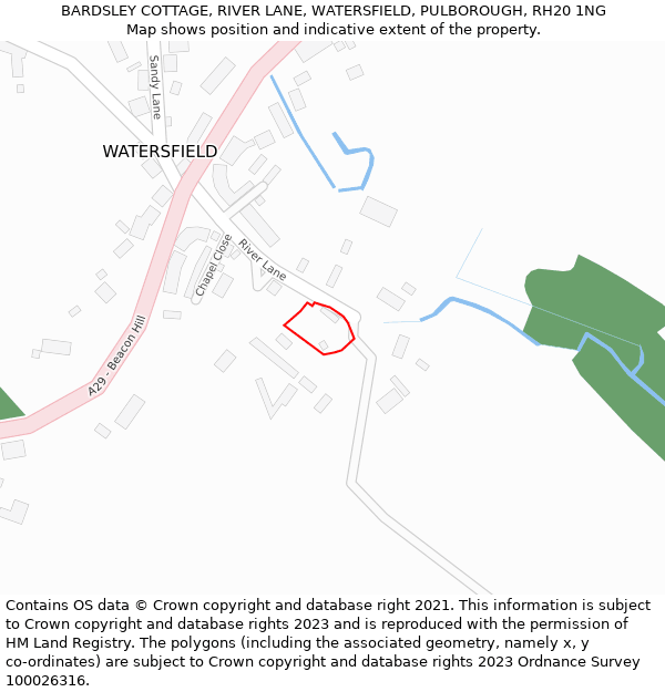 BARDSLEY COTTAGE, RIVER LANE, WATERSFIELD, PULBOROUGH, RH20 1NG: Location map and indicative extent of plot