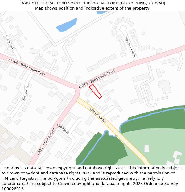 BARGATE HOUSE, PORTSMOUTH ROAD, MILFORD, GODALMING, GU8 5HJ: Location map and indicative extent of plot