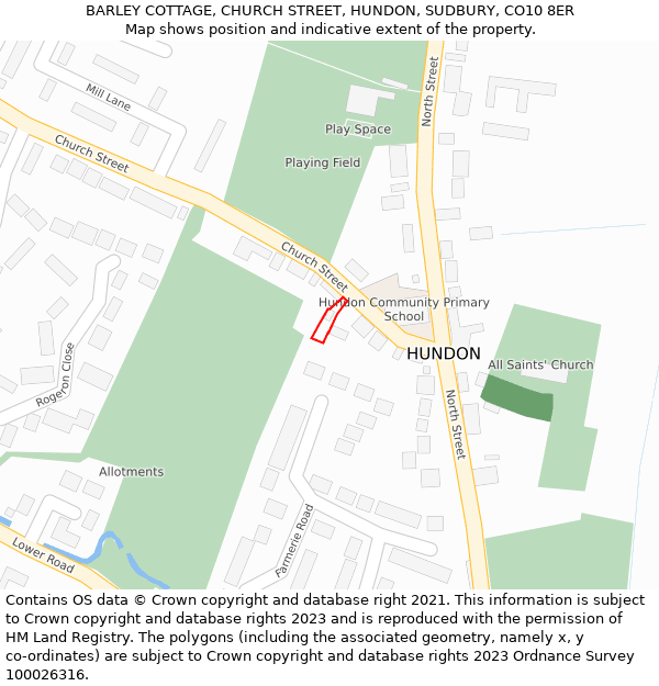 BARLEY COTTAGE, CHURCH STREET, HUNDON, SUDBURY, CO10 8ER: Location map and indicative extent of plot