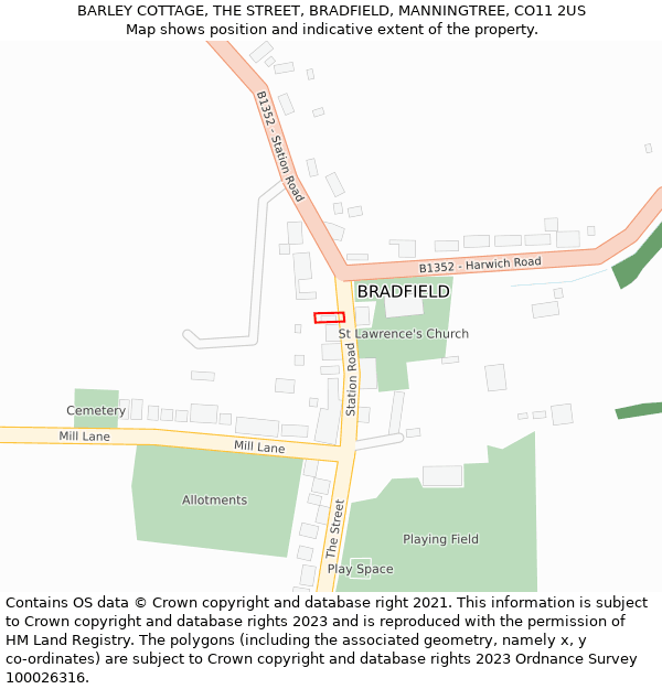 BARLEY COTTAGE, THE STREET, BRADFIELD, MANNINGTREE, CO11 2US: Location map and indicative extent of plot