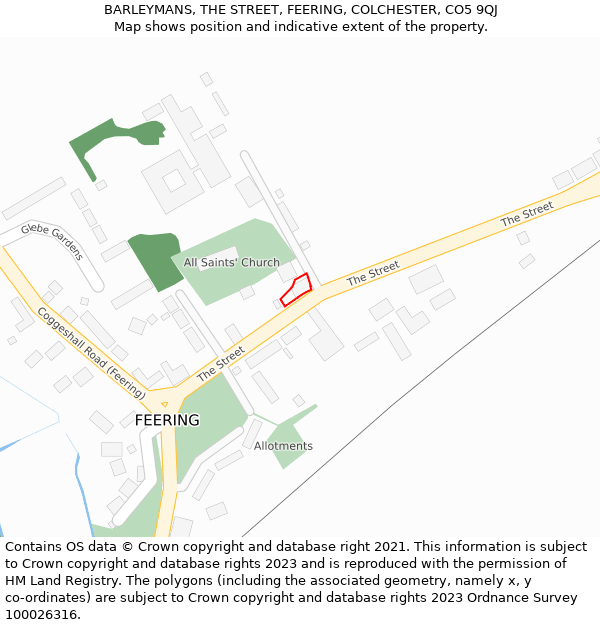 BARLEYMANS, THE STREET, FEERING, COLCHESTER, CO5 9QJ: Location map and indicative extent of plot