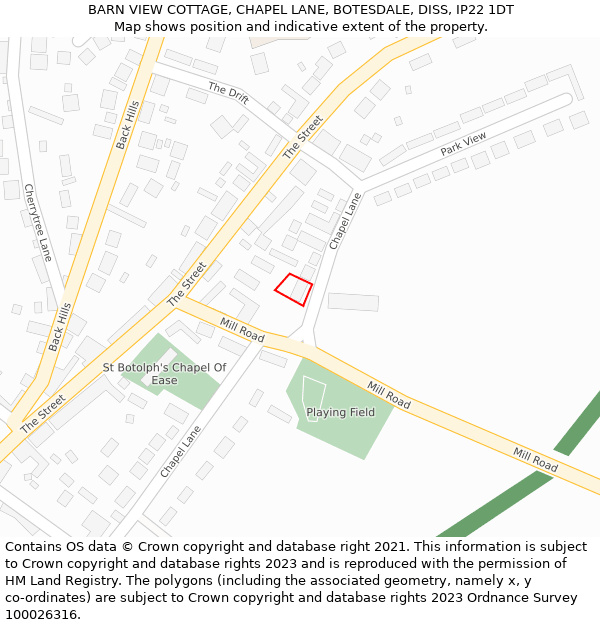 BARN VIEW COTTAGE, CHAPEL LANE, BOTESDALE, DISS, IP22 1DT: Location map and indicative extent of plot