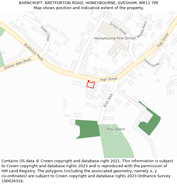 BARNCROFT, BRETFORTON ROAD, HONEYBOURNE, EVESHAM, WR11 7PE: Location map and indicative extent of plot