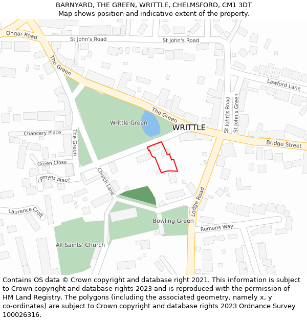 BARNYARD, THE GREEN, WRITTLE, CHELMSFORD, CM1 3DT: Location map and indicative extent of plot
