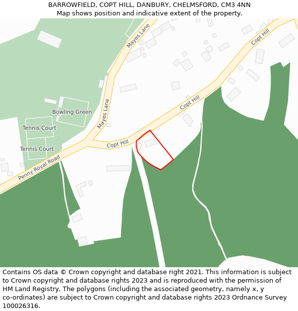 BARROWFIELD, COPT HILL, DANBURY, CHELMSFORD, CM3 4NN: Location map and indicative extent of plot