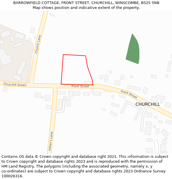 BARROWFIELD COTTAGE, FRONT STREET, CHURCHILL, WINSCOMBE, BS25 5NB: Location map and indicative extent of plot