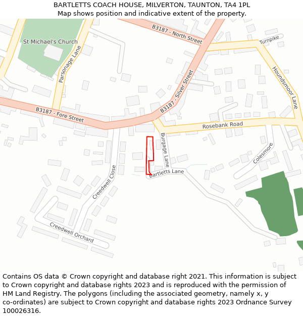 BARTLETTS COACH HOUSE, MILVERTON, TAUNTON, TA4 1PL: Location map and indicative extent of plot