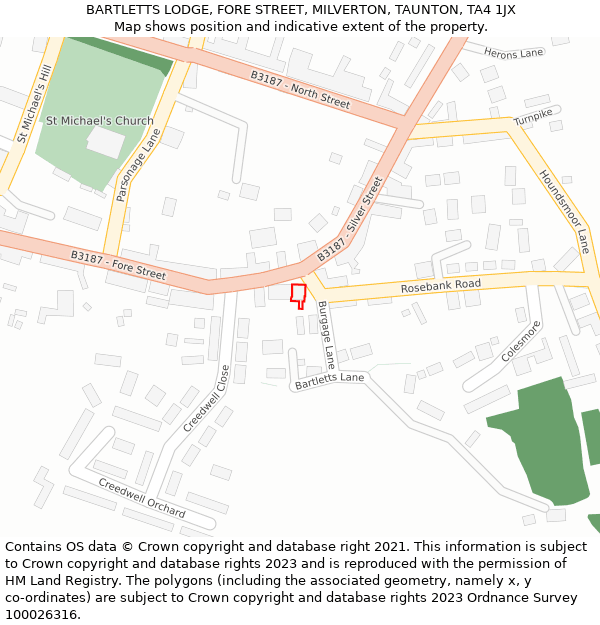 BARTLETTS LODGE, FORE STREET, MILVERTON, TAUNTON, TA4 1JX: Location map and indicative extent of plot