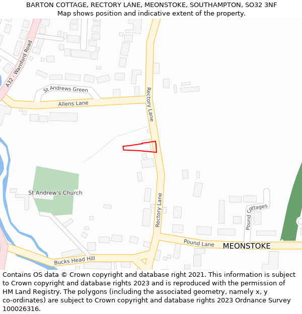 BARTON COTTAGE, RECTORY LANE, MEONSTOKE, SOUTHAMPTON, SO32 3NF: Location map and indicative extent of plot