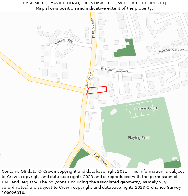 BASILMERE, IPSWICH ROAD, GRUNDISBURGH, WOODBRIDGE, IP13 6TJ: Location map and indicative extent of plot