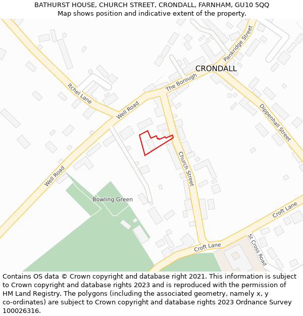 BATHURST HOUSE, CHURCH STREET, CRONDALL, FARNHAM, GU10 5QQ: Location map and indicative extent of plot