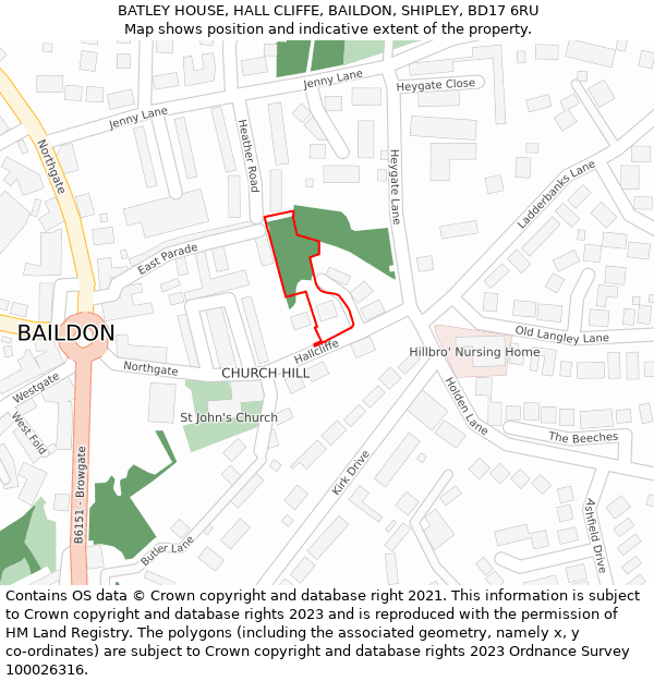 BATLEY HOUSE, HALL CLIFFE, BAILDON, SHIPLEY, BD17 6RU: Location map and indicative extent of plot