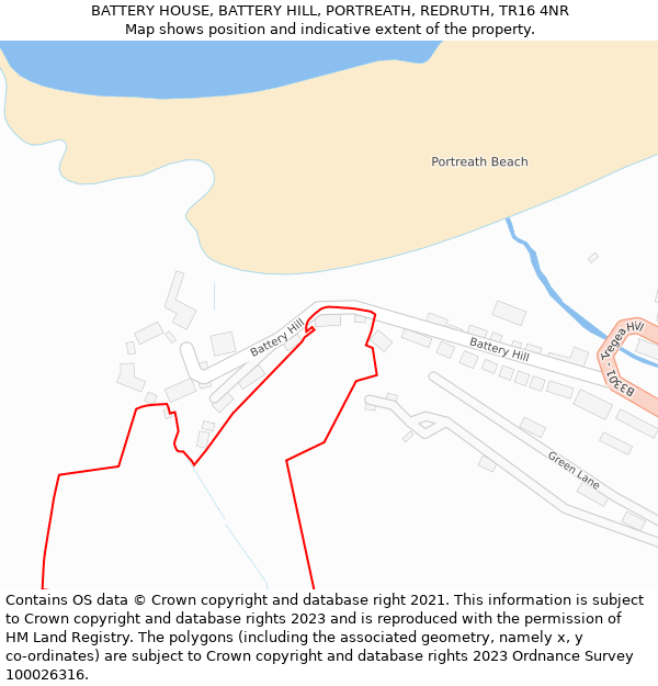 BATTERY HOUSE, BATTERY HILL, PORTREATH, REDRUTH, TR16 4NR: Location map and indicative extent of plot