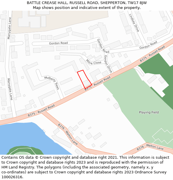 BATTLE CREASE HALL, RUSSELL ROAD, SHEPPERTON, TW17 8JW: Location map and indicative extent of plot