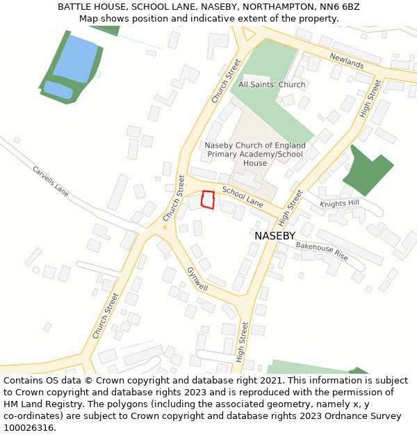 BATTLE HOUSE, SCHOOL LANE, NASEBY, NORTHAMPTON, NN6 6BZ: Location map and indicative extent of plot