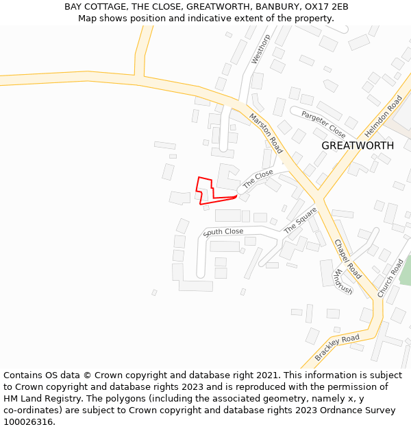BAY COTTAGE, THE CLOSE, GREATWORTH, BANBURY, OX17 2EB: Location map and indicative extent of plot