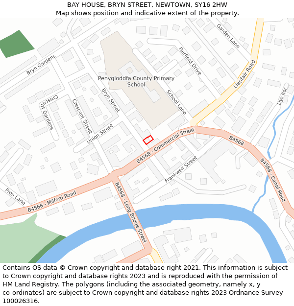 BAY HOUSE, BRYN STREET, NEWTOWN, SY16 2HW: Location map and indicative extent of plot