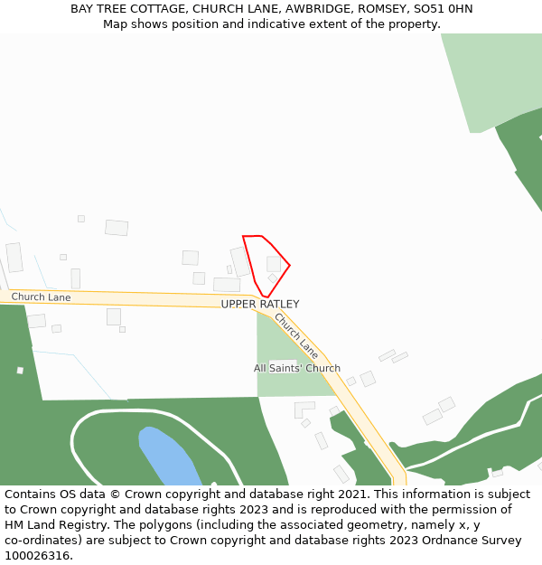 BAY TREE COTTAGE, CHURCH LANE, AWBRIDGE, ROMSEY, SO51 0HN: Location map and indicative extent of plot