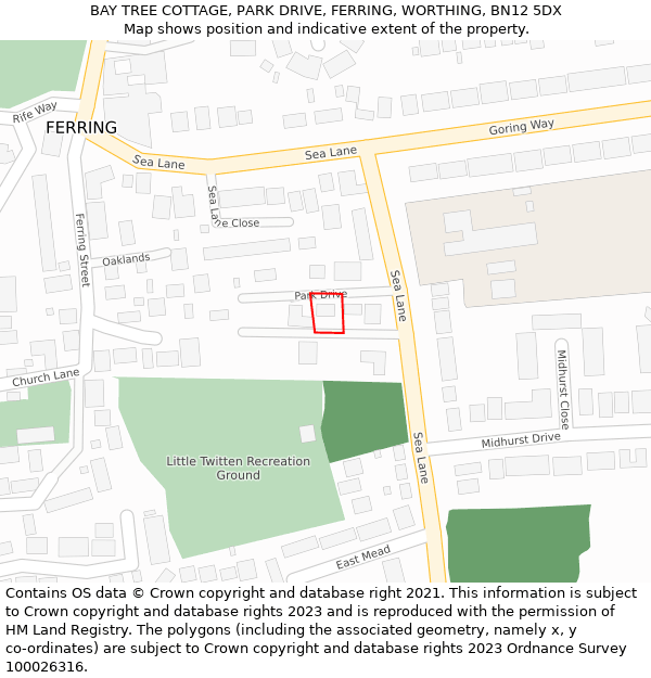 BAY TREE COTTAGE, PARK DRIVE, FERRING, WORTHING, BN12 5DX: Location map and indicative extent of plot