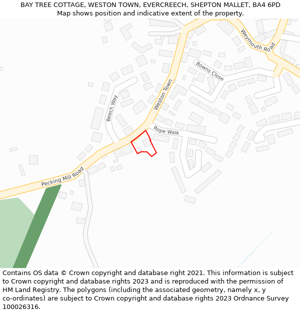 BAY TREE COTTAGE, WESTON TOWN, EVERCREECH, SHEPTON MALLET, BA4 6PD: Location map and indicative extent of plot