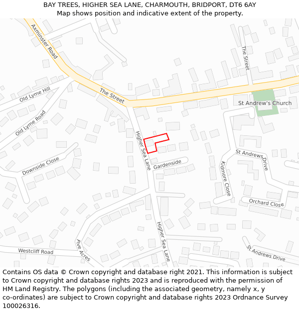 BAY TREES, HIGHER SEA LANE, CHARMOUTH, BRIDPORT, DT6 6AY: Location map and indicative extent of plot