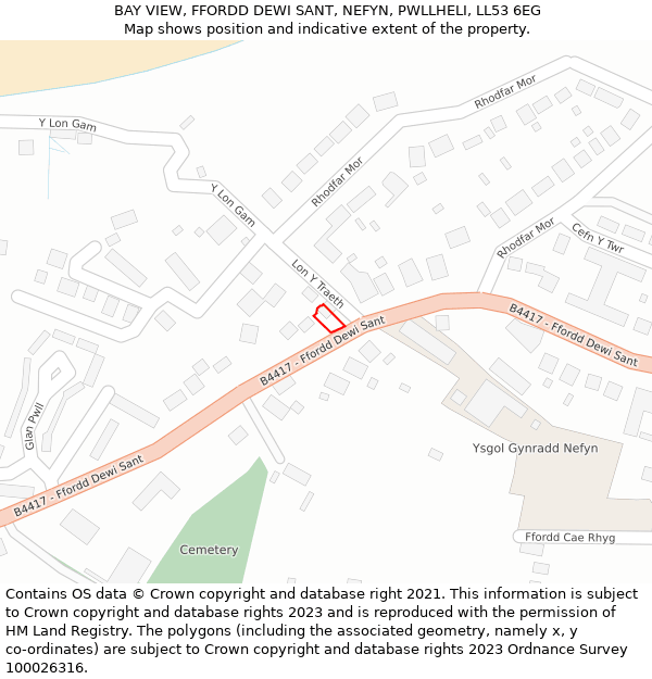 BAY VIEW, FFORDD DEWI SANT, NEFYN, PWLLHELI, LL53 6EG: Location map and indicative extent of plot