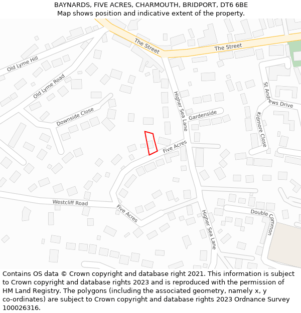 BAYNARDS, FIVE ACRES, CHARMOUTH, BRIDPORT, DT6 6BE: Location map and indicative extent of plot