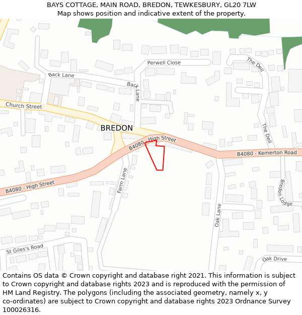 BAYS COTTAGE, MAIN ROAD, BREDON, TEWKESBURY, GL20 7LW: Location map and indicative extent of plot