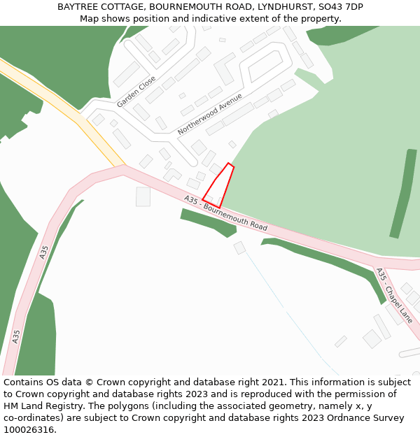 BAYTREE COTTAGE, BOURNEMOUTH ROAD, LYNDHURST, SO43 7DP: Location map and indicative extent of plot