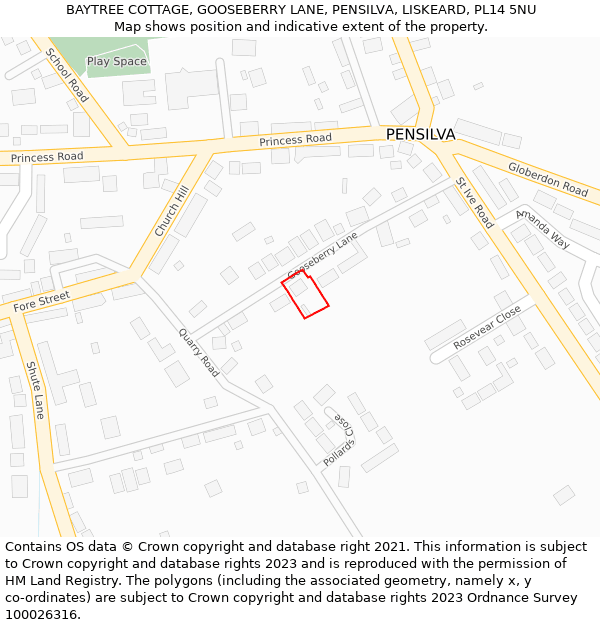 BAYTREE COTTAGE, GOOSEBERRY LANE, PENSILVA, LISKEARD, PL14 5NU: Location map and indicative extent of plot