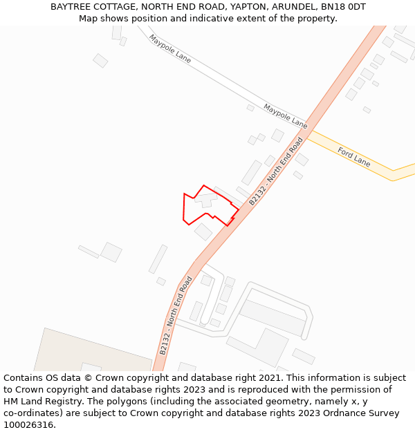 BAYTREE COTTAGE, NORTH END ROAD, YAPTON, ARUNDEL, BN18 0DT: Location map and indicative extent of plot