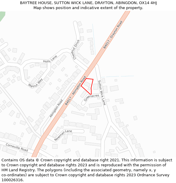 BAYTREE HOUSE, SUTTON WICK LANE, DRAYTON, ABINGDON, OX14 4HJ: Location map and indicative extent of plot