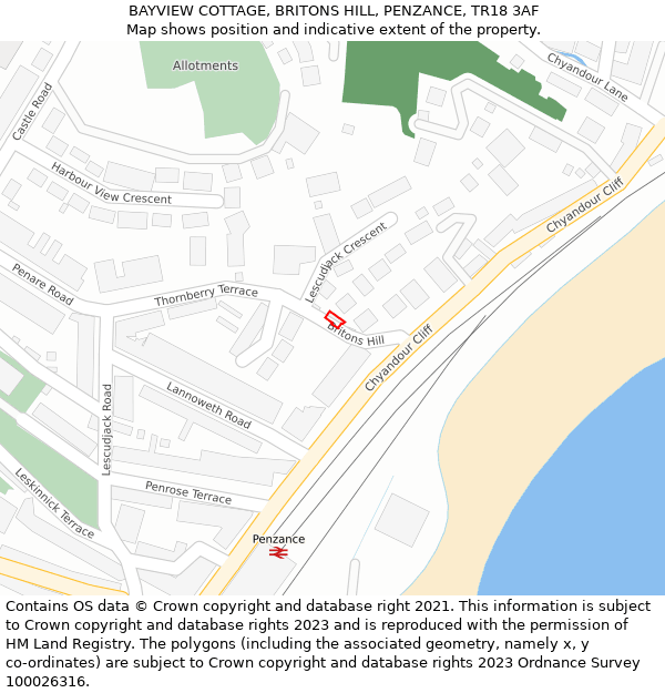 BAYVIEW COTTAGE, BRITONS HILL, PENZANCE, TR18 3AF: Location map and indicative extent of plot