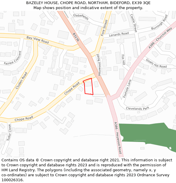 BAZELEY HOUSE, CHOPE ROAD, NORTHAM, BIDEFORD, EX39 3QE: Location map and indicative extent of plot