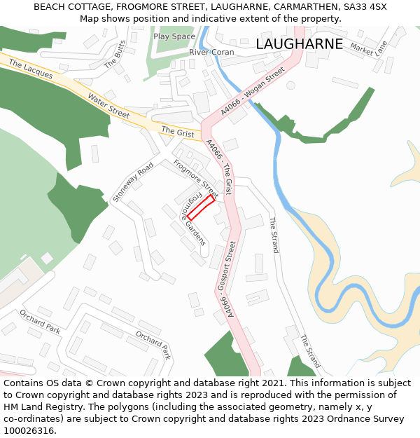 BEACH COTTAGE, FROGMORE STREET, LAUGHARNE, CARMARTHEN, SA33 4SX: Location map and indicative extent of plot