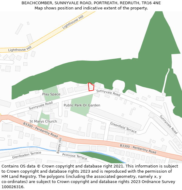 BEACHCOMBER, SUNNYVALE ROAD, PORTREATH, REDRUTH, TR16 4NE: Location map and indicative extent of plot
