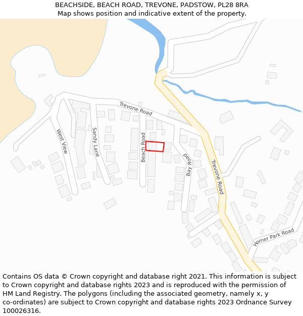 BEACHSIDE, BEACH ROAD, TREVONE, PADSTOW, PL28 8RA: Location map and indicative extent of plot