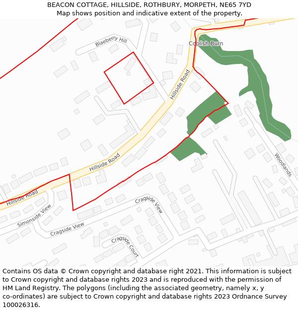 BEACON COTTAGE, HILLSIDE, ROTHBURY, MORPETH, NE65 7YD: Location map and indicative extent of plot